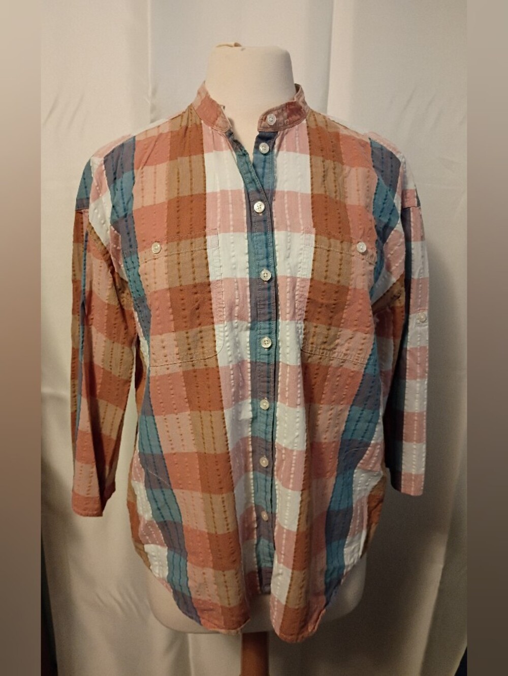 LL Bean Signature Button Down Camp Shirt Cotton Blend Fall Colors Plaid Top Med